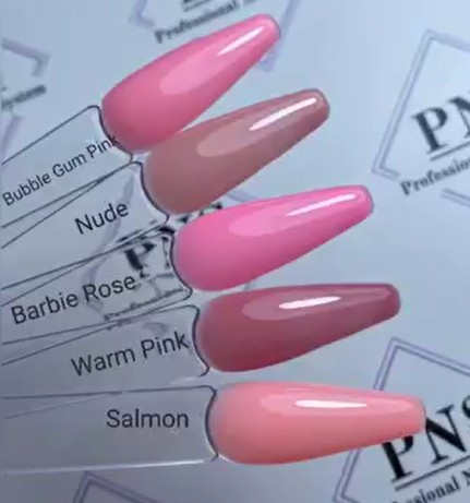 pns b bottle swatch salmon nude barbie rose warm pink bubblegum pink